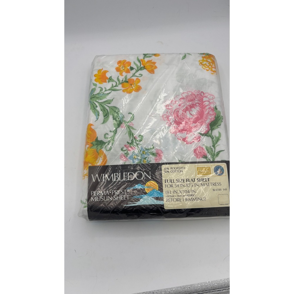 Sears Wimbledon Flat Sheet Full Size White Floral Perma-Prest Vintage Bedding